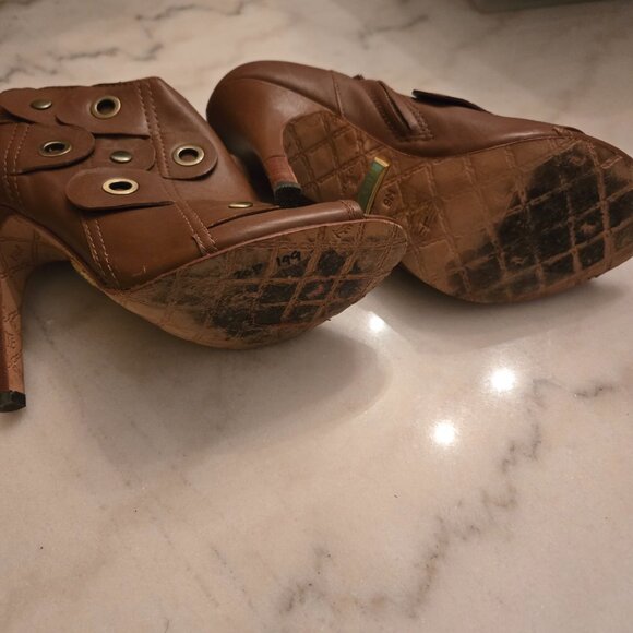 L.A.M.B. by Gwen Stefani "Joelle" Brown Leather Peep-Toe Booties - Picture 5 of 8